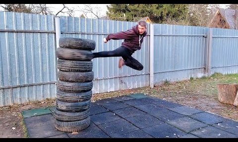 YouTube: Тоби Йоко-гери. Совершенствуем удар ногой в прыжке на шинах, продолжая атаку разными ударами.
